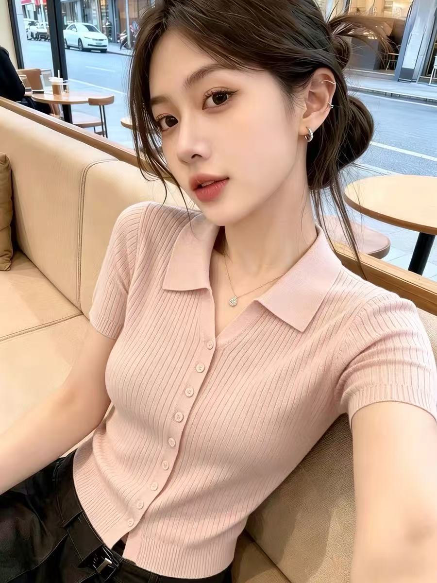 한 부서 캐주얼 백 탑 폴로 칼라 구덩이 기사 니트 스웨터 여성용 짧은 소매 단추 오픈 가디건 고급 센스 출퇴근 맨위 여성 의류 트렌디