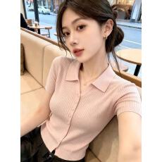 批发韩系休闲百塔翻领坑条针织衫女短袖纽扣开衫高级感通勤上衣女装潮