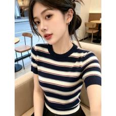 批发高级感撞色条纹圆领短袖针织T恤女2026夏季宽松显瘦薄款百搭上衣