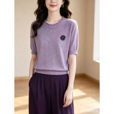 批发2026夏季新款女轻奢风<b class='q'>山茶花</b>刺绣针织<b class='q'>T</b><b class='q'>恤</b>女短袖圆领紫色上衣减龄