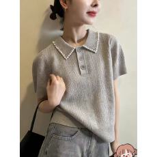 批发夏季洋气大码针织短袖女高级感独特翻领微胖mm显瘦半袖打底上衣女