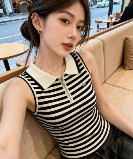 2026 여름 섹션 배색 스트라이프 POLO 칼라 니트 조끼 여성 외출용 몸매 가꾸기 슬림해 보이는 하프 지퍼 민소매 맨위