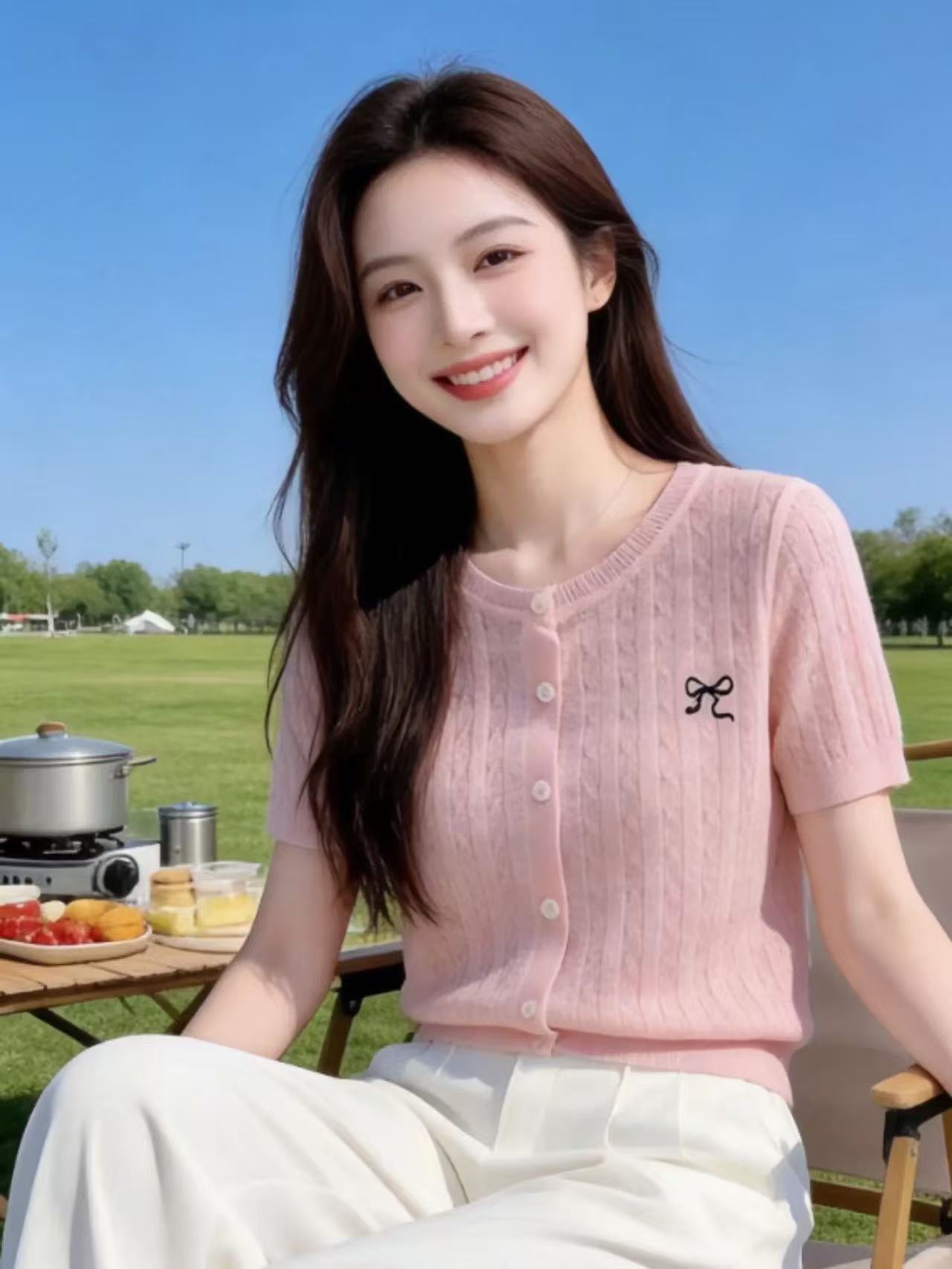 여름 반팔 얇은 스타일 니트 오픈 가디건 여성 핑크색 꽈배기 한 부서 달콤함 나비 매듭 홀로우 아웃 쇼트 스타일 고급 맨위