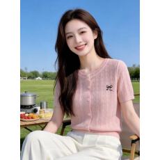 批发夏季短袖薄款针织<b class='q'>开衫</b><b class='q'>女</b>粉色麻花韩系甜美蝴蝶结镂空短款高级上衣
