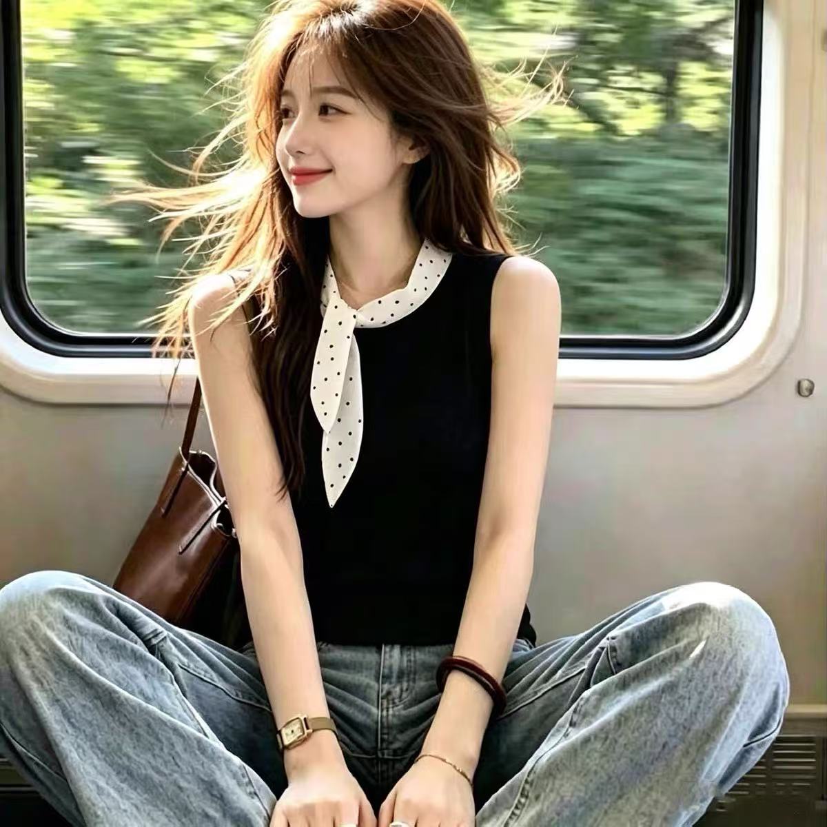디자인 센스 도트 무늬 나비 매듭 티셔츠 올해 인기 ~ 중 폭발 여성 의류 여름 한 부서 몸매 가꾸기 슬림해 보이는 민소매 맨위