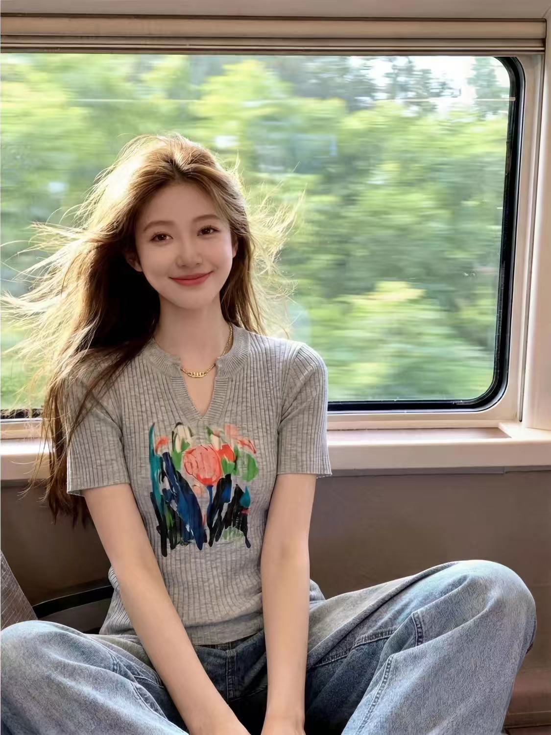 작은 대중 디자인 센스 기초 섹션 유화 바람 꽃무늬 프린트 몸매 가꾸기 티셔츠 여성 여름 빅 사이즈 지방 mm 표지 배 맨위