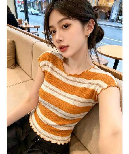 한 부서 착용 가져 가라. 프릴 Feifei 소매 짠 셔츠 여성 여름 캐주얼 스트라이프 몸매 가꾸기 슬림해 보이는 품격 반팔 맨위