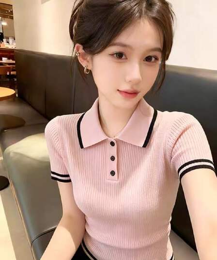 한 부서 부드러운 핑크색 폴로 칼라 반팔 니트 스웨터 여성 여름 고유 한 아름다운 POLO 칼라 다용도 신축성 작은 맨위