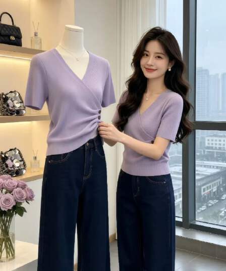 보라색 얇은 스타일 몸매 가꾸기 측면 단추 디자인 반팔 티셔츠 맨위 여성 여름 새로운 고급 센스 V넥 니트 스웨터