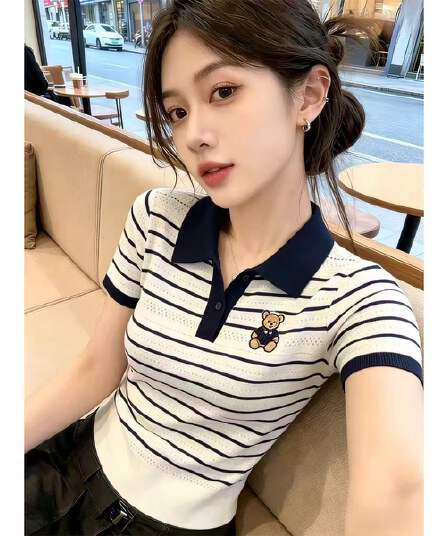 한 부서 배색 스트라이프 작은 곰 폴로 칼라 반팔 티셔츠 여성 여름 고유 한 아름다운 자이언트 잘 생긴 ~ 중 POLO 셔츠 맨위
