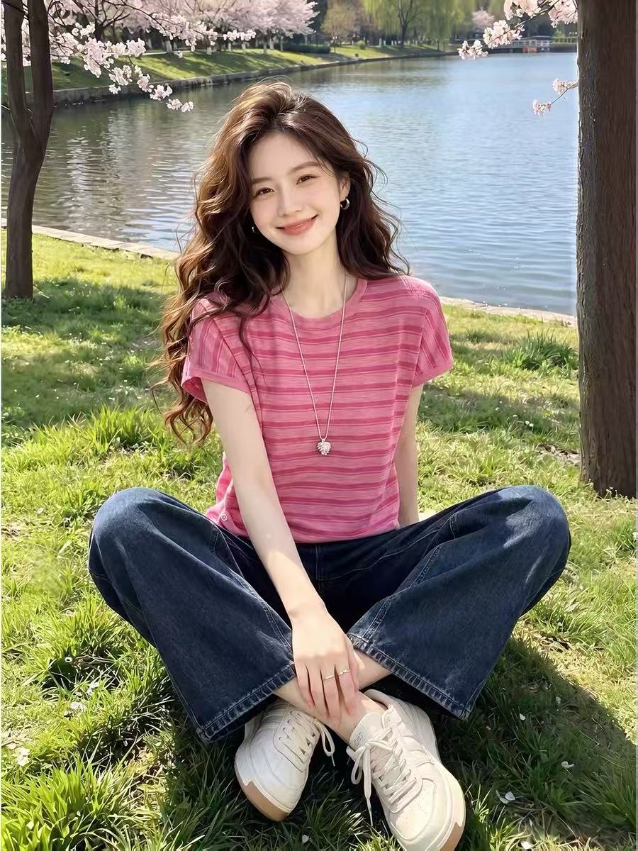 밑단 측면 단추 비스듬한 가져 가라. 라운드 넥 풀오버 니트 스웨터 여성 여름 새로운 루즈핏 스트라이프 패치워크 색상 반팔 티셔츠