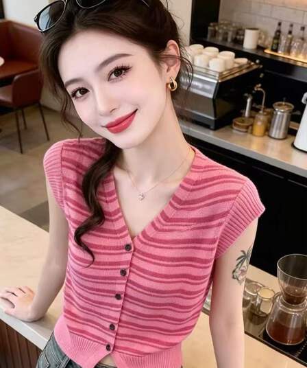 한 부서 바람 V넥 작은 날다 소매 스트라이프 조끼 니트 오픈 가디건 여성 여름 새로운 고유 한 패션 외국 가스 맨위 트렌디