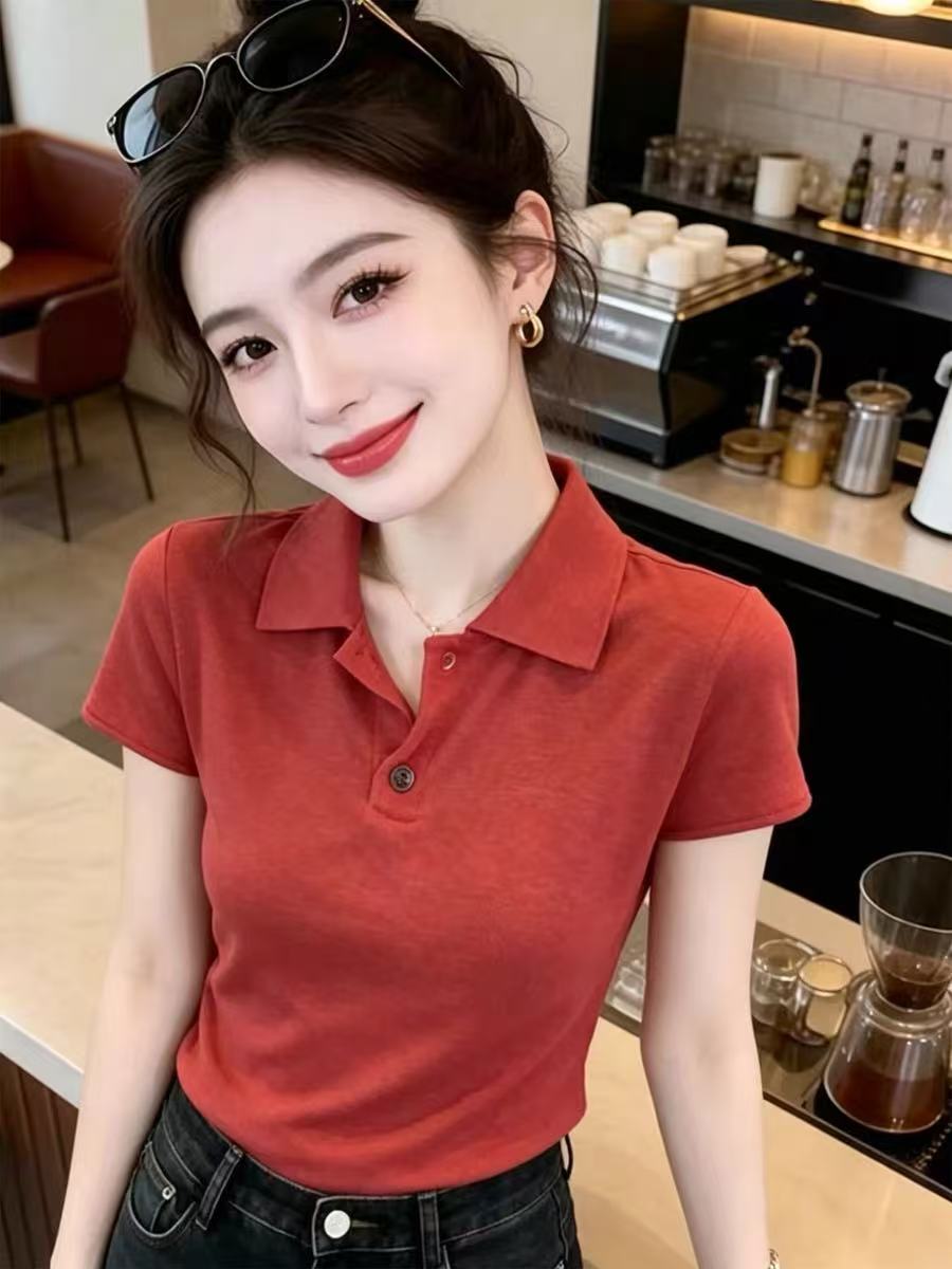 한국 스타일 POLO 칼라 작은 대중 고유 한 반팔 티셔츠 여성 여름 새로운 빨간색 몸매 가꾸기 고급 센스 패션 맨위 트렌디