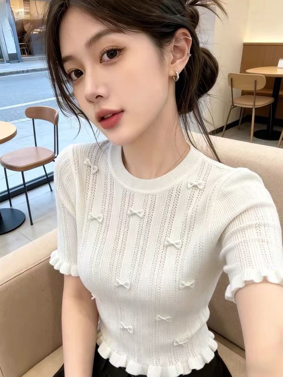 올해 인기 폭발 라운드 넥 프릴 홀로우 아웃 반팔 니트 스웨터 여성 여름 새로운 몸매 가꾸기 슬림해 보이는 맨위 트렌디
