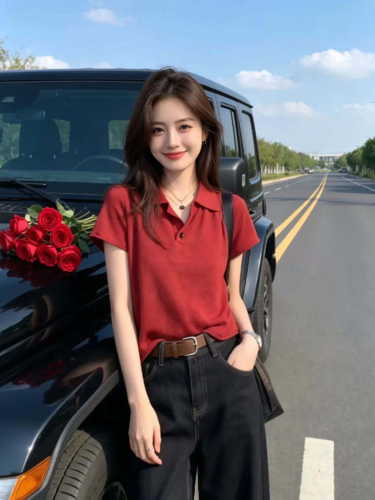레트로 항구 바람 빨간색 POLO 칼라 긍정적 인 어깨 반팔 티셔츠 여성 2026 여름 새로운 얼음 실크 니트 스웨터 맨위 트렌디