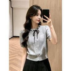批发夏季法式<b class='q'>甜美</b>风蝴蝶结系带短袖针织开衫镂空刺绣上衣 冰爽丝