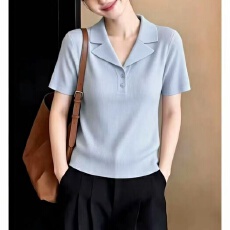 批发夏季新款法式<b class='q'>西装</b>翻领POLO针织短袖纯色<b class='q'>修身</b>显瘦休闲女气质感上衣
