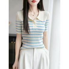 批发POLO领清凉冰丝针织短袖女修身条纹撞色T恤<b class='q'>夏</b>季薄款翻领正肩半袖