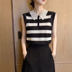 批发<b class='q'>夏</b>季新款钩花蕾丝娃娃领拼色条纹减龄百搭上衣女飞飞袖薄款针织衫