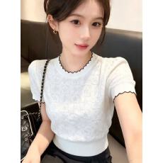 批发法式气质镂空提花短袖针织衫女<b class='q'>夏</b>薄款花边设计感白色圆领T恤上衣