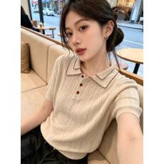 批发老钱风polo领针织短袖t恤女夏季薄款镂空慵懒松弛感显瘦宽松上衣