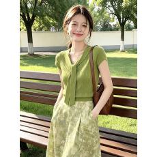 批发绿色针织短袖T恤女2026夏季新款绑带设计感小众修身显瘦气质上衣