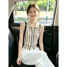 批发法式小资Polo领条纹针织吊带背心女夏季高级感无袖外穿遮副乳上衣