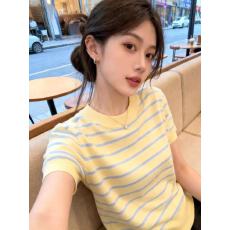 批发多巴胺黄色条纹圆领针织短袖T恤女款2026夏季巨好看独特漂亮上衣