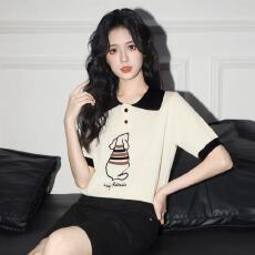 批发2026夏女休闲好看卡通动漫设计感撞色翻领短袖T恤<b class='q'>上衣</b><b class='q'>娃娃领</b>短袖
