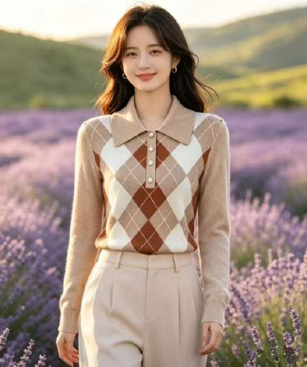 클래식 레트로 링 그리드 무거운 작업 편집 POLO 칼라 니트 스웨터 루즈핏 슬림해 보이는 분위기 센스 출퇴근 긴팔 맨위 여성