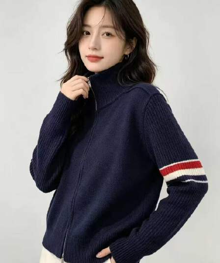 스탠드 칼라 더블 지퍼 가을 겨울 패션 폴로 칼라 패치워크 배색 니트 오픈 가디건 여성 스웨터 코트 맨위 부드러운 찹쌀 스트라이프