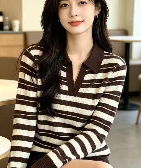 프랑스식 레트로 스트라이프 배색 칼라 긴팔 맨위 여성 의류 이른 가을 새로운 몸매 가꾸기 슬림해 보이는 니트 기본 셔츠