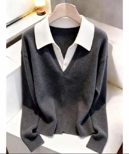 레트로 POLO 칼라 배색 페이크 레이어드 긴팔 스웨터 여자 2026 가을 겨울 새로운 니트 기본 셔츠 몸매 가꾸기 맨위