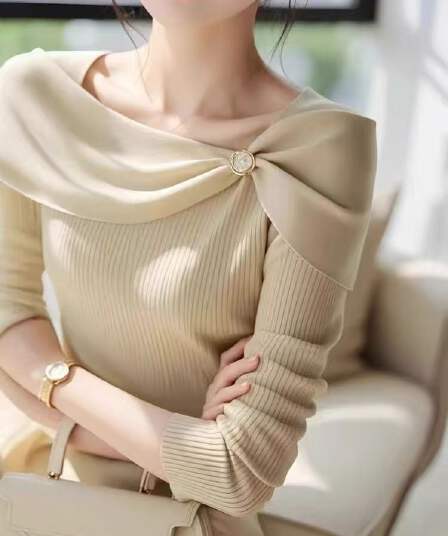 연 가치 우아함 책임을 져라. 낮음 미세 조정 플래시 한 단어 숄 나비 매듭 니트 기본 셔츠 여성 mlzy63154