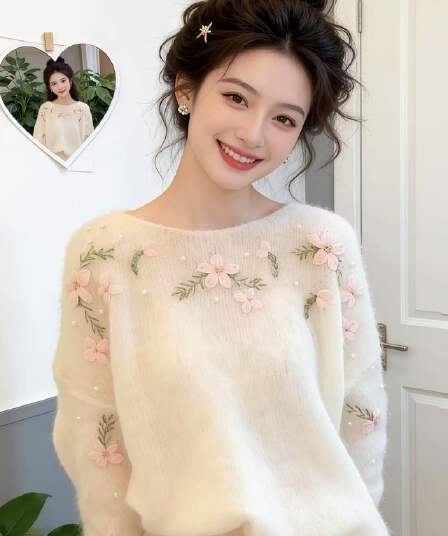 매화 요리 한 포도 나무 꽃 모헤어 양 양모 혼합 부드러운 바람 수공 자수 자수 스웨터 여자