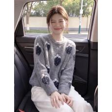 灰色韩系甜美草莓提花毛衣女秋冬季慵懒软糯宽松套头针织上衣