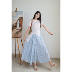 批发实拍大码~夏季减龄设计感圆领系带短袖T恤+斜纹不规则格子裙<b class='q'>套装</b>