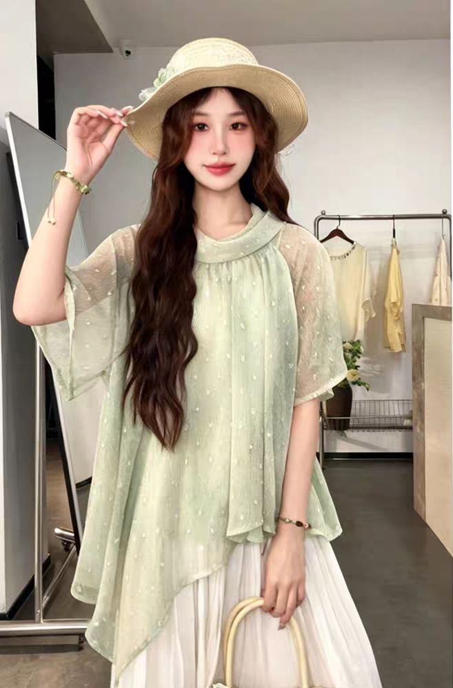 실사 빅 사이즈 일본식 신선함 바람 도트 무늬 불규칙 터틀넥 리본 여성 셔츠 여름 루즈핏 슬림해 보이는 다용도 맨위