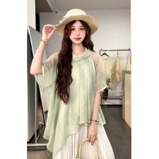 批发实拍大码日系清新风波点不规则高领飘带衬衫女夏宽松显瘦百搭上衣