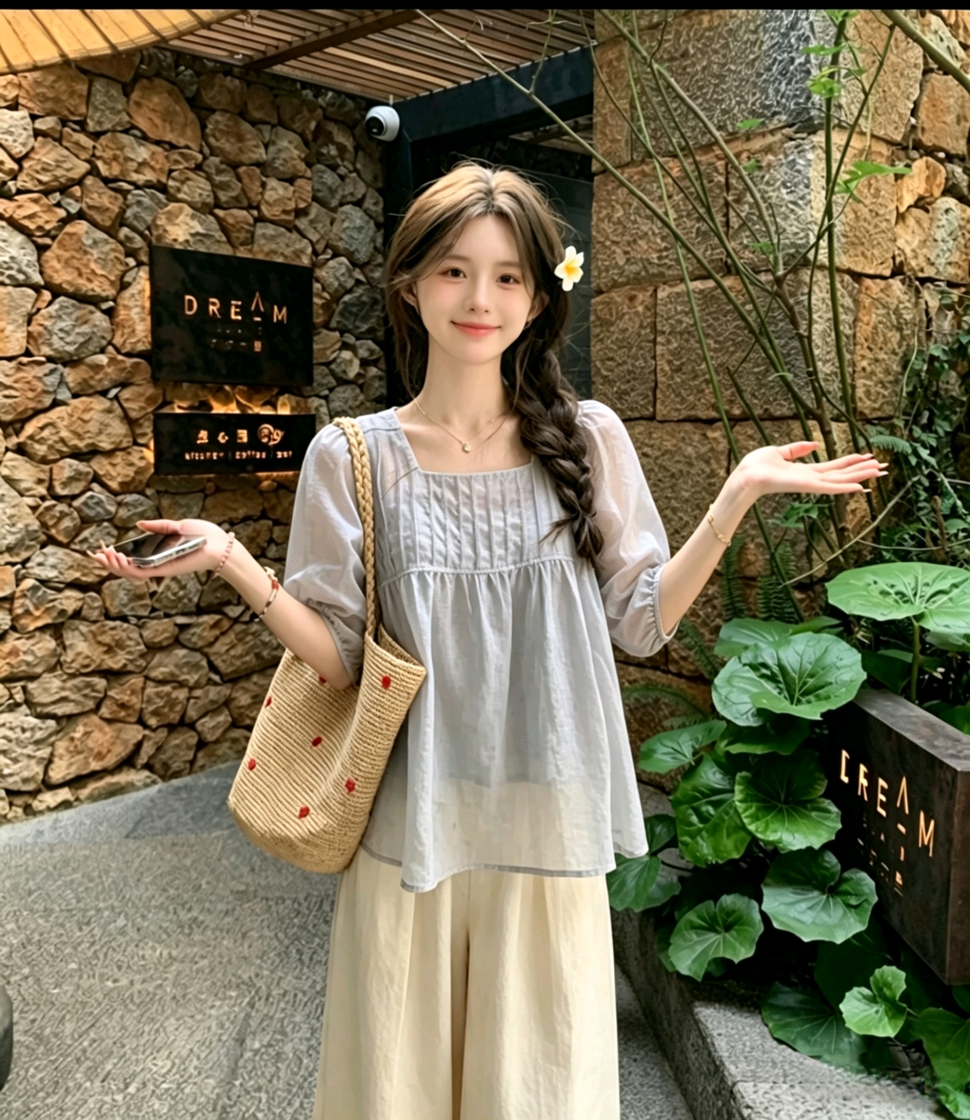 빅 사이즈 디자인 센스 프랑스식 광장 칼라 파란색 도트 무늬 주름 7 점 거품 소매 여성 셔츠 루즈핏 인형 셔츠 맨위