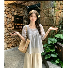 批发大码设计感法式方领蓝色波点褶皱七分泡泡袖衬衫女宽松娃娃衫上衣