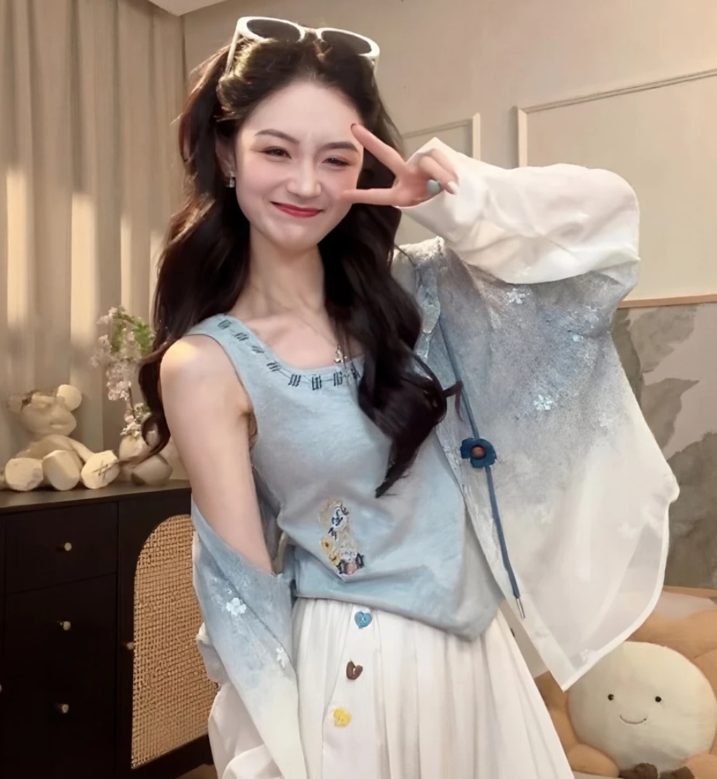 빅 사이즈 여름 다용도 표지 고기 슬림해 보이는 루즈핏 그라데이션 후드 오픈 가디건 순수한 욕망 자수 파란색 민소매 조끼
