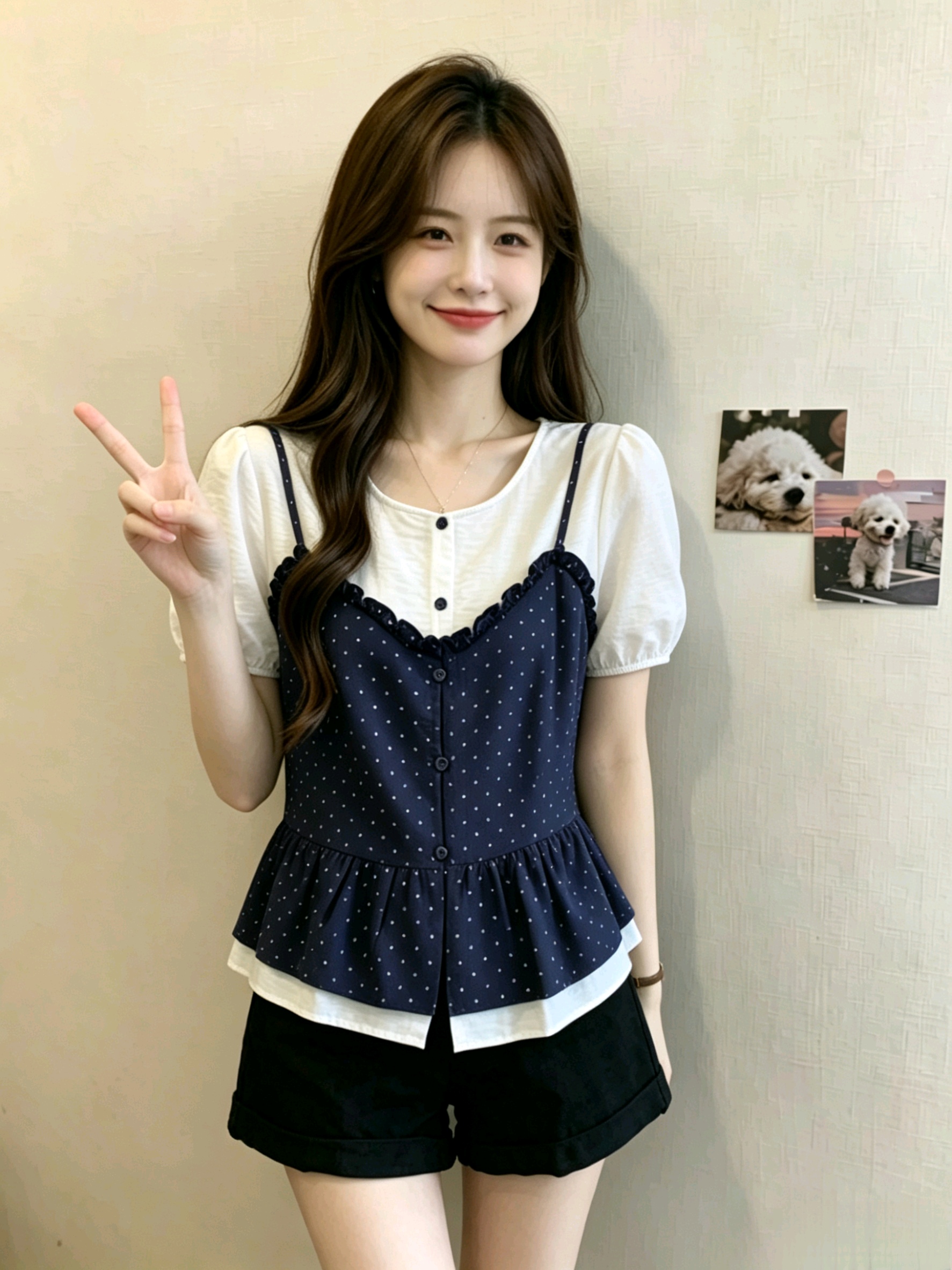 빅 사이즈 지방 mm 여름 새로운 연령 감소 도트 슬립 페이크 레이어드 맨위 여성 패션 표지 고기 슬림해 보이는 다용도 반팔
