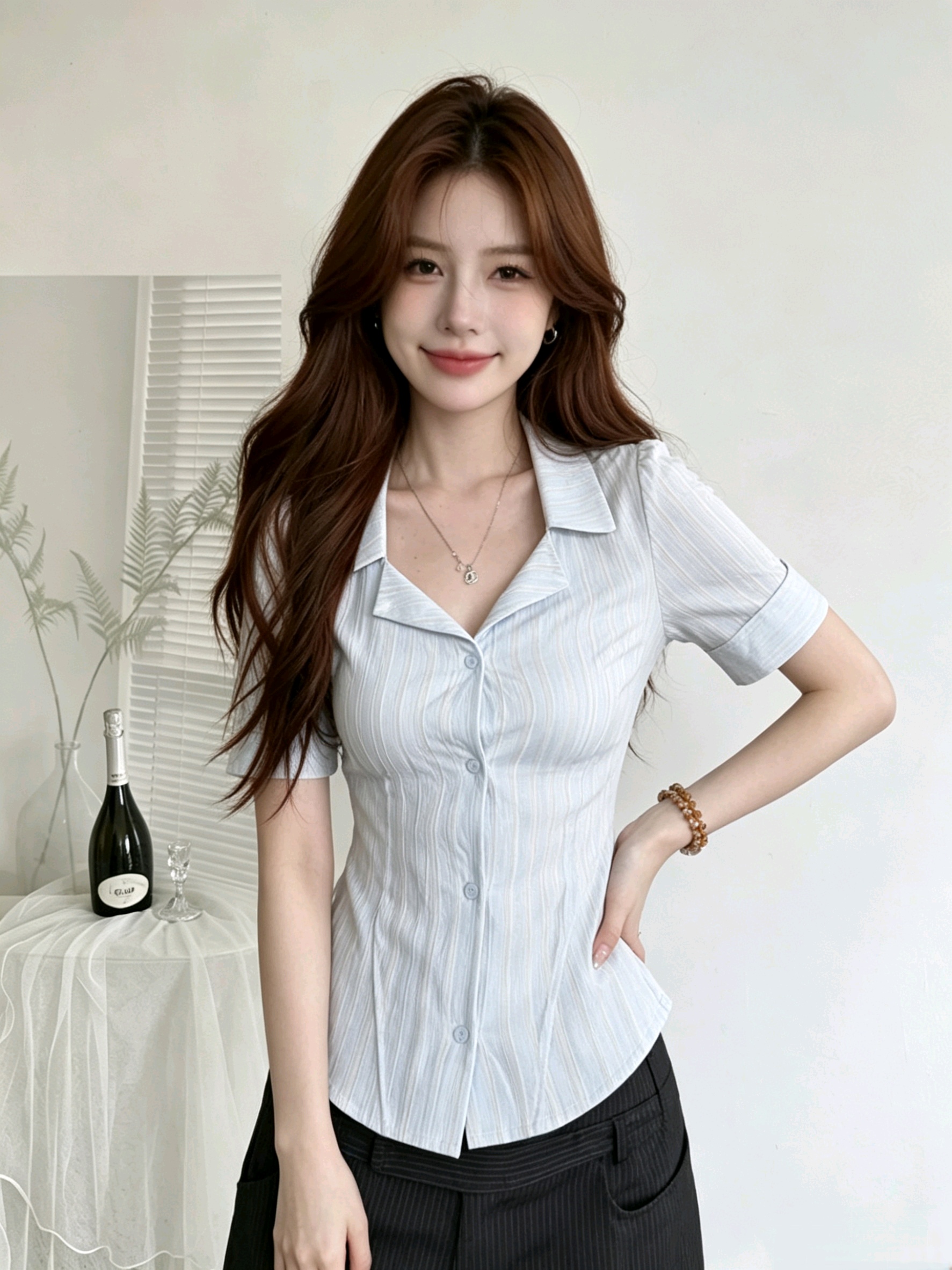 정가 빅 사이즈 스트라이프 여성 셔츠 여름 착용 가져 가라. 더블 칼라 디자인 센스 셔츠 허리 수축 몸매 가꾸기 슬림해 보이는 품격 맨위