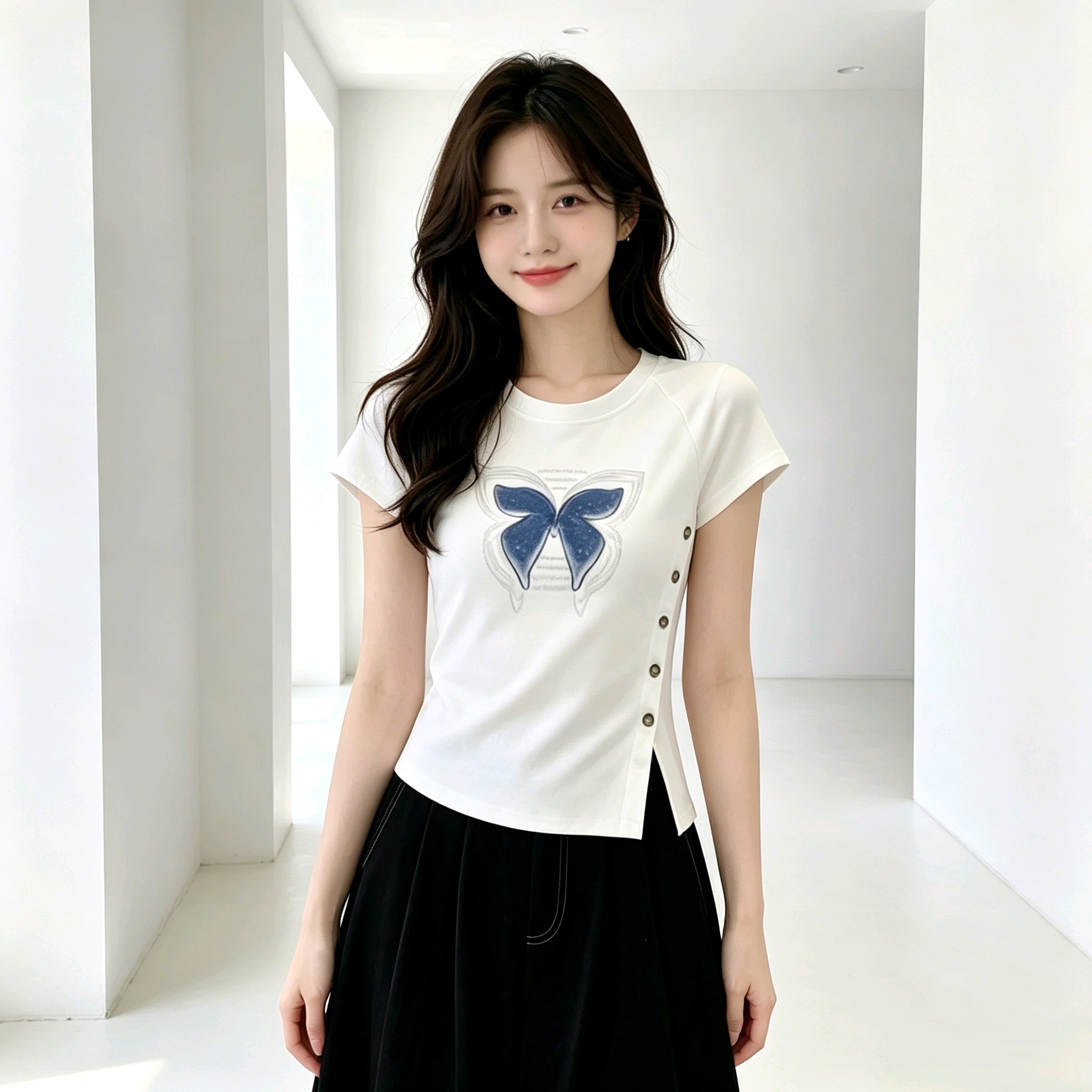 빅 사이즈 라운드 넥 나비 매듭 프린트 긍정적 인 어깨 반팔 티셔츠 여성 여름 지방 mm 표지 고기 슬림해 보이는 트임 화이트 맨위