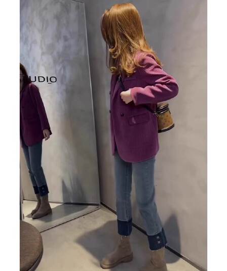 2026 년 새로운 가을 의상 작은 키 품격 명문 여성 고급 센스 캐주얼 보라색 코듀로이 블레이저 여자