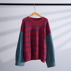 批发韩风小众设计师<b class='q'>品牌</b>牛仔拼接针织卫衣秋冬加厚宽松慵懒上衣条纹