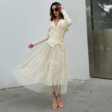 批发气质<b class='q'>西装</b>翻领蕾丝拼接假两件褶皱连衣裙高级感裙子女初春季新款