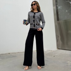 批发时髦套装女初春轻奢风金属扣织衫外套上衣<b class='q'>高腰</b>显瘦<b class='q'>阔腿裤</b>老花纹