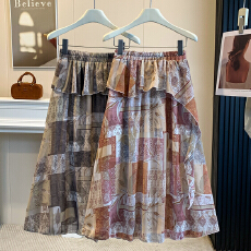 批发大码女装夏季胖mm复古百搭减龄显瘦设计感不规则印花半身裙A字裙